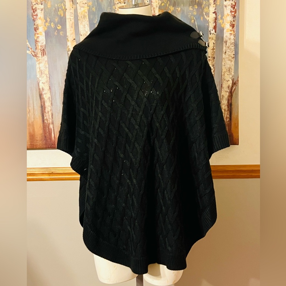 Calvin Klein Black Knit Poncho with Cowl Neck and Button Detail